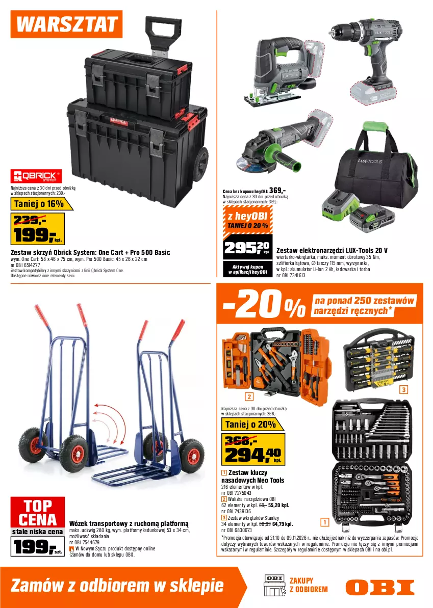 Gazetka promocyjna Obi - Gazetka OBI - ważna 21.10 do 09.11.2026 - strona 13 - produkty: Akumulator, Brykiet drzewny, Dźwig, Ogrzewanie, Pellet, Piec, Płyta, Płyta osb, Por, Ser, Sport, Szlifierka, Szlifierka kątowa, Tarka, Top, Torba, Tran, Walizka, Warka, Wkręt, Wkrętarka, Wózek, Wózek transportowy, Wyrzynarka, Zestaw kluczy, Zestaw kluczy nasadowych, Zestaw wkrętaków