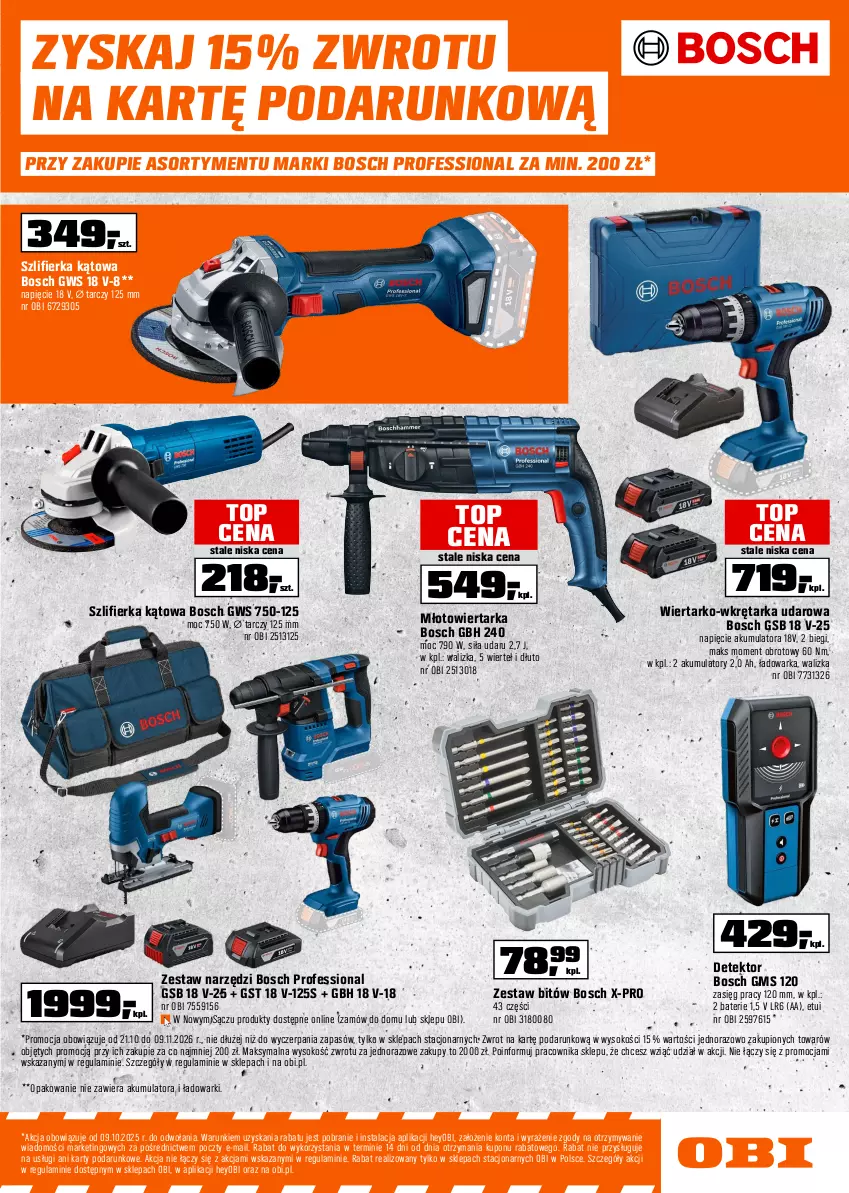 Gazetka promocyjna Obi - Gazetka OBI - ważna 21.10 do 09.11.2026 - strona 15 - produkty: Akumulator, Bosch, Fa, Kompresor, Młot, Młotowiertarka, Pilarka tarczowa, Rama, Sok, Szlifierka, Szlifierka kątowa, Tarka, Top, Tran, Walizka, Warka, Wiertarka, Wkręt, Wkrętarka, Zestaw narzędzi