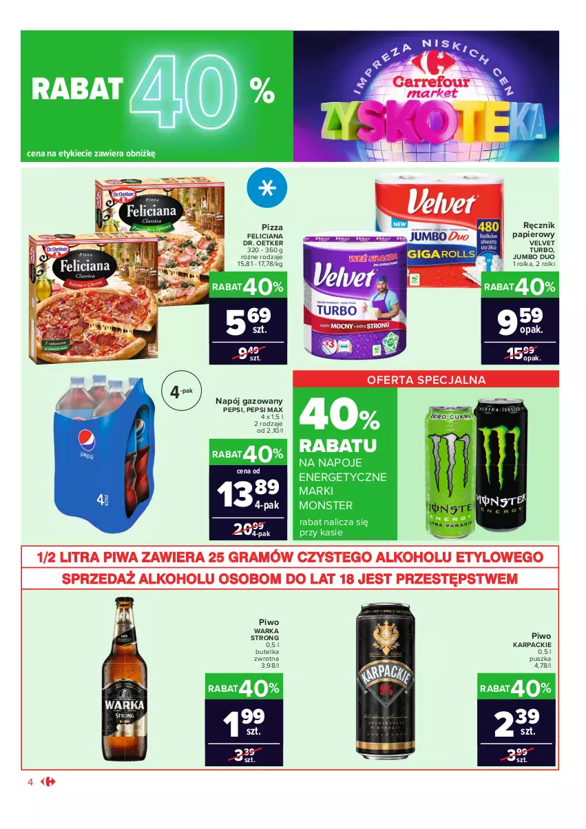 Gazetka promocyjna Carrefour - Gazetka Market Zyskoteka - ważna 12.10 do 17.10.2021 - strona 4 - produkty: Dr. Oetker, Feliciana, Gra, Karp, Napój, Napój gazowany, Napoje, Papier, Pepsi, Pepsi max, Piwa, Piwo, Pizza, Ręcznik, Rolki, Velvet, Warka