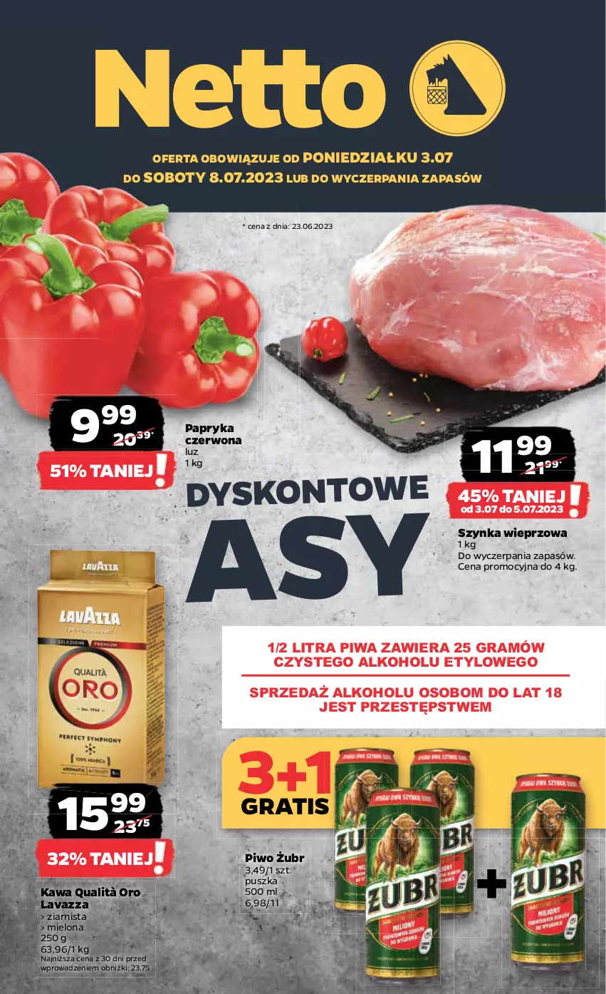 Gazetka promocyjna Netto - Artykuły spożywcze - ważna 03.07 do 08.07.2023 - strona 1 - produkty: Gra, Kawa, Lavazza, Papryka, Papryka czerwona, Piwa, Piwo, Szynka, Szynka wieprzowa