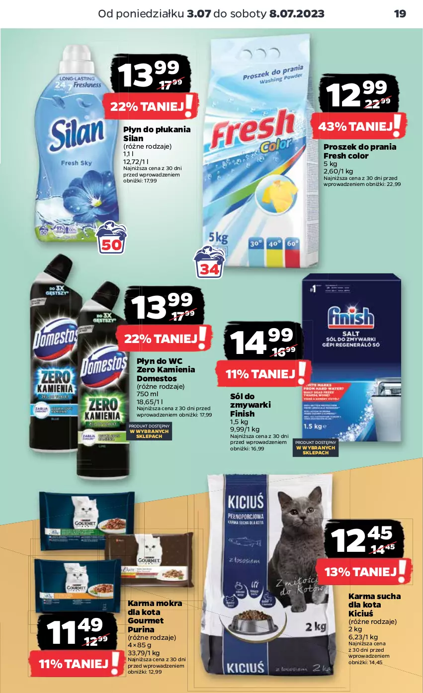 Gazetka promocyjna Netto - Artykuły spożywcze - ważna 03.07 do 08.07.2023 - strona 19 - produkty: Domestos, Finish, Płyn do płukania, Płyn do wc, Proszek do prania, Pur, Purina, Silan, Sól, Zmywarki