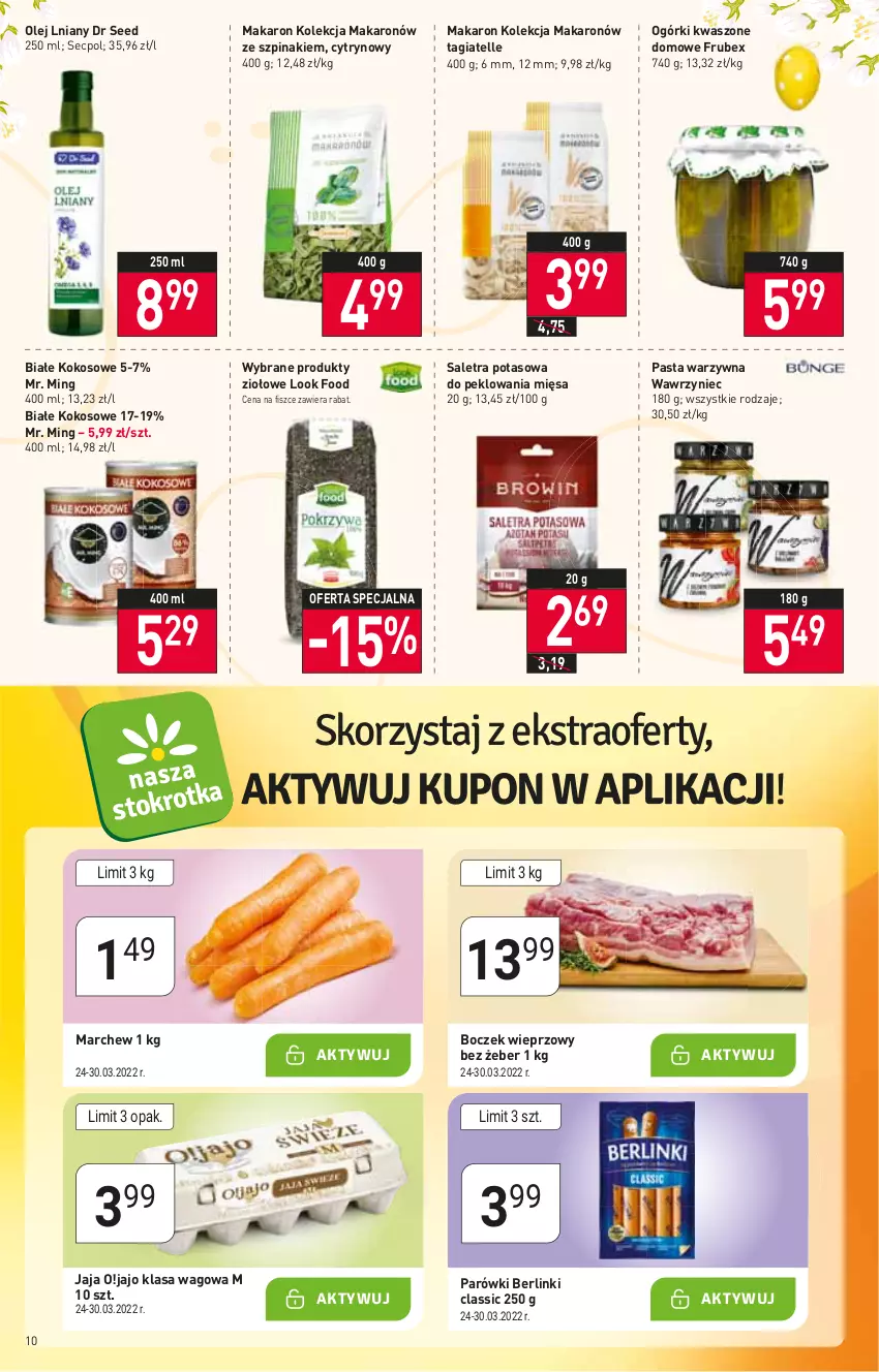 Gazetka promocyjna Stokrotka - Supermarket - ważna 24.03 do 30.03.2022 - strona 10 - produkty: Berlinki, Boczek, Boczek wieprzowy, Jaja, Kokos, Makaron, Olej, Parówki, Pasta warzywna, Szpinak