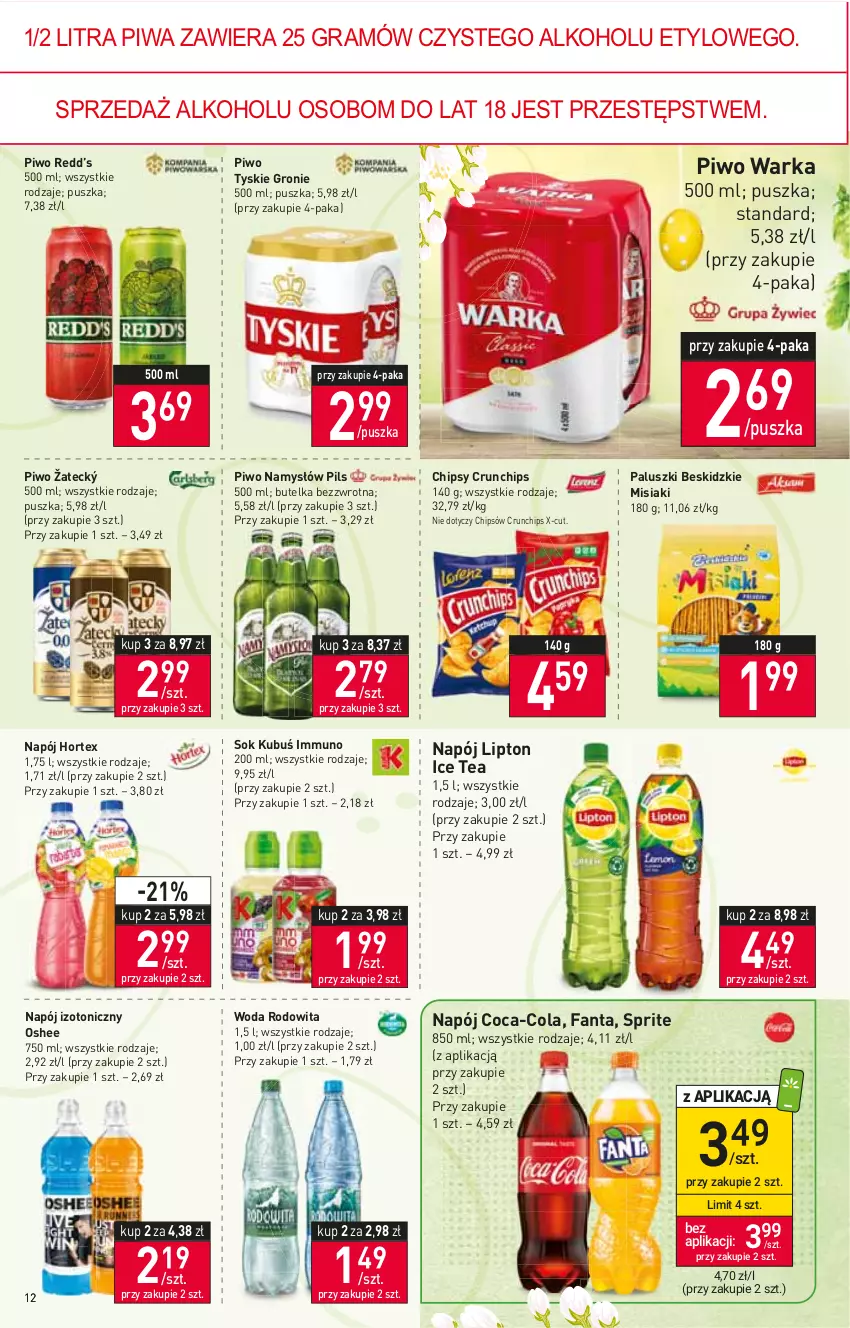 Gazetka promocyjna Stokrotka - Supermarket - ważna 24.03 do 30.03.2022 - strona 12 - produkty: Beskidzki, Chipsy, Coca-Cola, Crunchips, Fa, Fanta, Gra, Hortex, Ice tea, Kubuś, Lipton, Namysłów, Napój, Napój izotoniczny, Oshee, Piwa, Piwo, Sok, Sprite, Tyskie, Warka, Woda