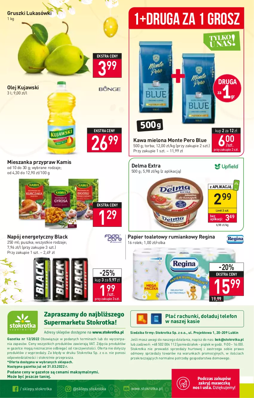 Gazetka promocyjna Stokrotka - Supermarket - ważna 24.03 do 30.03.2022 - strona 16 - produkty: Delma, Gin, Gruszki, Kamis, Kawa, Kawa mielona, Kujawski, Lack, Monte, Napój, Napój energetyczny, O nas, Olej, Papier, Papier toaletowy, Rum, Telefon, Torba, Wagi