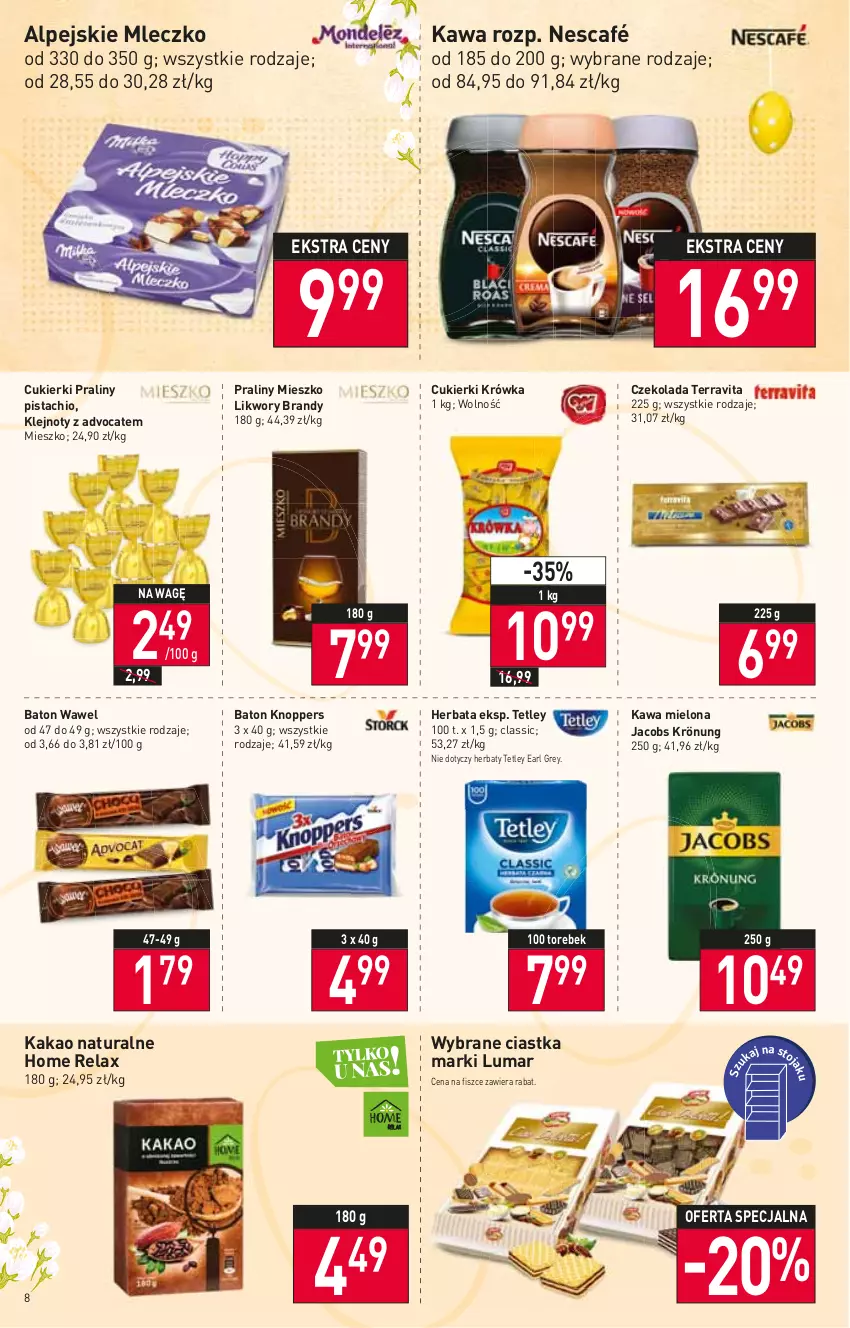 Gazetka promocyjna Stokrotka - Supermarket - ważna 24.03 do 30.03.2022 - strona 8 - produkty: Baton, Brandy, Ciastka, Cukier, Cukierki, Czekolada, Earl Grey, Herbata, Jacobs, Jacobs Krönung, Kakao, Kawa, Kawa mielona, Klej, Knoppers, Mleczko, Nescafé, Praliny, Tetley, Wawel