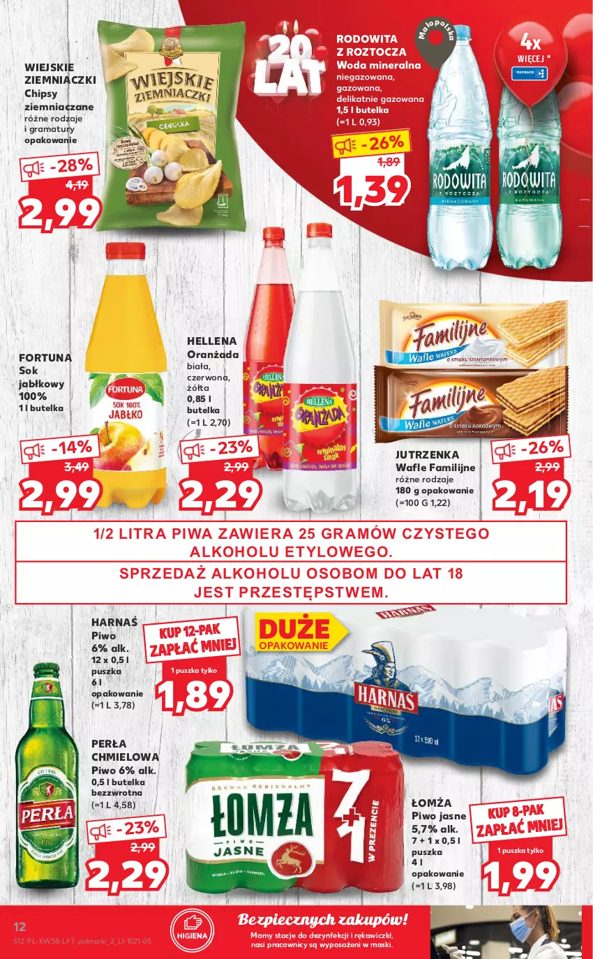 Gazetka promocyjna Kaufland - OFERTA TYGODNIA - ważna 23.09 do 29.09.2021 - strona 12 - produkty: Chipsy, Fa, Fortuna, Gra, Harnaś, Hellena, Jutrzenka, Olma, Oranżada, Perła, Piec, Piwa, Piwo, Piwo jasne, Rama, Sok, Sok jabłkowy, Wafle, Woda, Woda mineralna