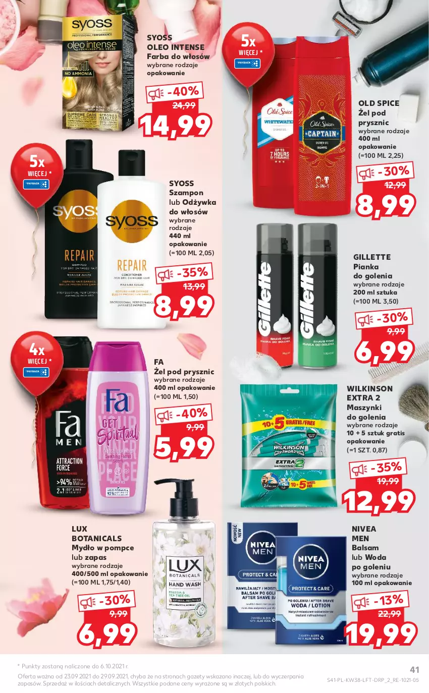 Gazetka promocyjna Kaufland - OFERTA TYGODNIA - ważna 23.09 do 29.09.2021 - strona 41 - produkty: Fa, Farba do włosów, Gillette, Gra, Mydło, Nivea, Nivea Men, Odżywka, Old Spice, Oleo, Pianka do golenia, Syoss, Szampon, Woda, Woda po goleniu