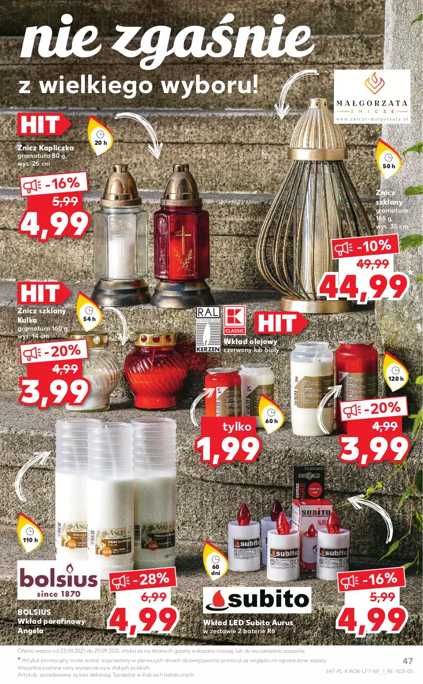 Gazetka promocyjna Kaufland - OFERTA TYGODNIA - ważna 23.09 do 29.09.2021 - strona 47 - produkty: Bols, Bolsius, Gra, Olej, Rama, Wkład olejowy, Znicz