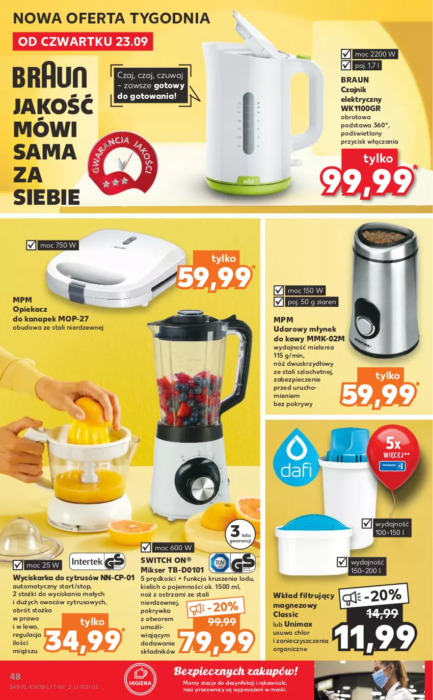 Gazetka promocyjna Kaufland - OFERTA TYGODNIA - ważna 23.09 do 29.09.2021 - strona 48 - produkty: Braun, Czajnik, Czajnik elektryczny, Magnez, Mikser, Młynek, Młynek do kawy, Mop, Noż, Opiekacz do kanapek, Piec, Ser, Top, Wkład filtrujący, Wyciskarka