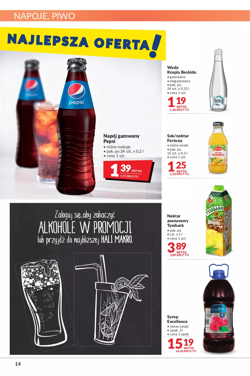 Gazetka promocyjna Makro - [Oferta promocyjna] Artykuły spożywcze i przemysłowe - ważna 14.06 do 27.06.2022 - strona 14 - produkty: Ananas, Fortuna, Napój, Napój gazowany, Napoje, Nektar, Pepsi, Piwo, Sok, Syrop, Tymbark, Woda