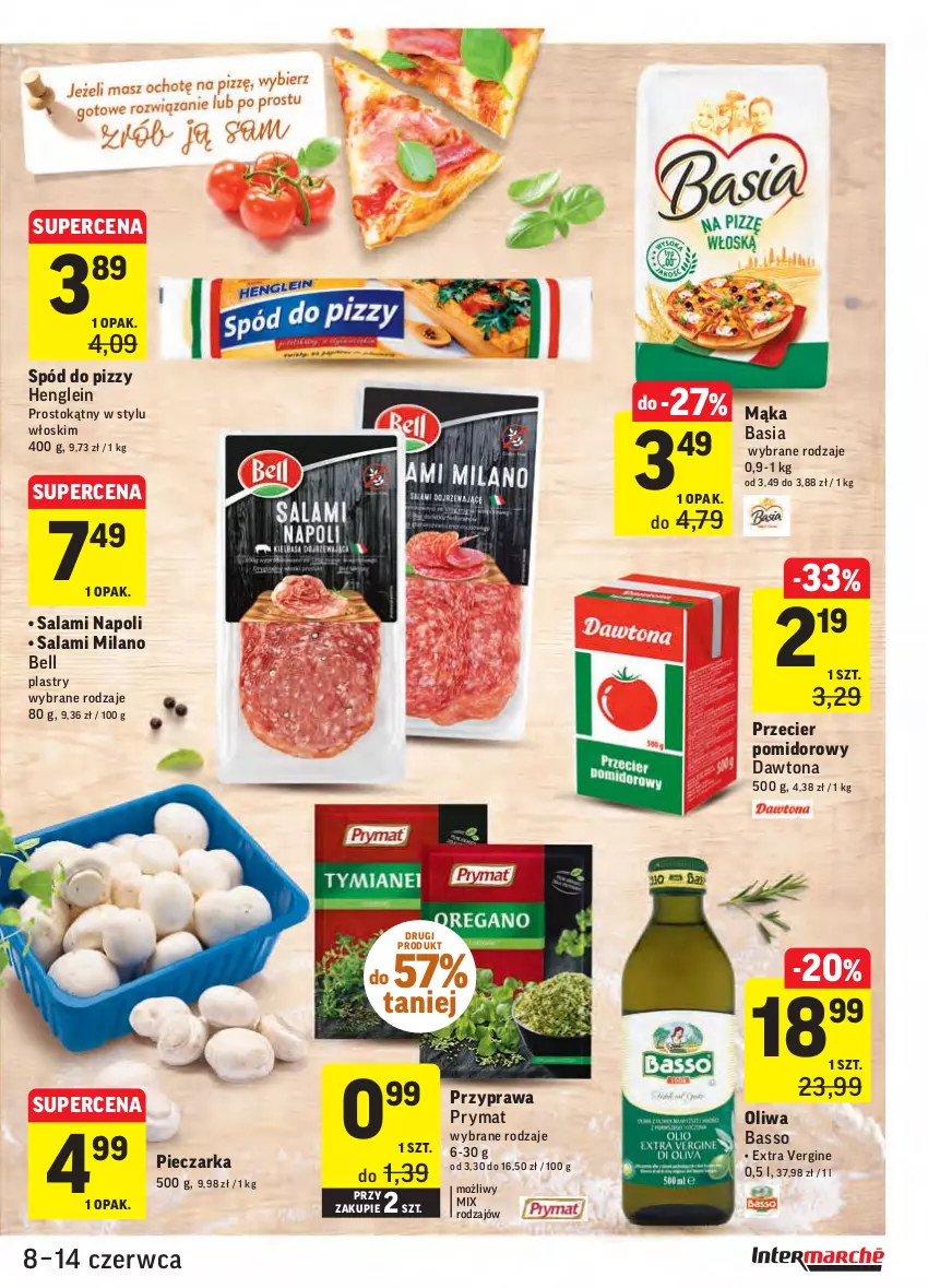 Gazetka promocyjna Intermarche - ważna 08.06 do 13.06.2021 - strona 23 - produkty: Basia, Bell, Dawtona, Gin, Mąka, Piec, Pieczarka, Prymat, Salami, Spód do pizzy