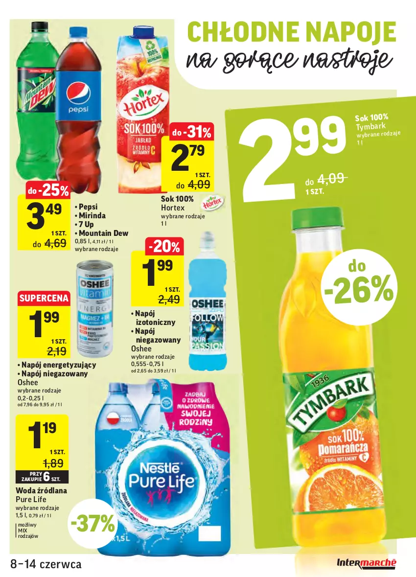 Gazetka promocyjna Intermarche - ważna 08.06 do 13.06.2021 - strona 33 - produkty: Hortex, LANA, Mirinda, Napój, Napój izotoniczny, Napój niegazowany, Napoje, Oshee, Pepsi, Pur, Sok, Tymbark, Woda