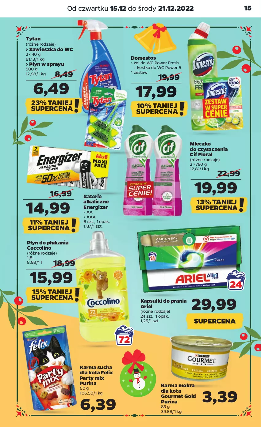 Gazetka promocyjna Netto - Artykuły spożywcze - ważna 15.12 do 21.12.2022 - strona 15 - produkty: Ariel, Baterie alkaliczne, Cif, Coccolino, Domestos, Energizer, Felix, Flora, Gourmet Gold, Kapsułki do prania, Kostka do wc, Mleczko, Płyn do płukania, Pur, Purina, Tytan, Zawieszka do wc