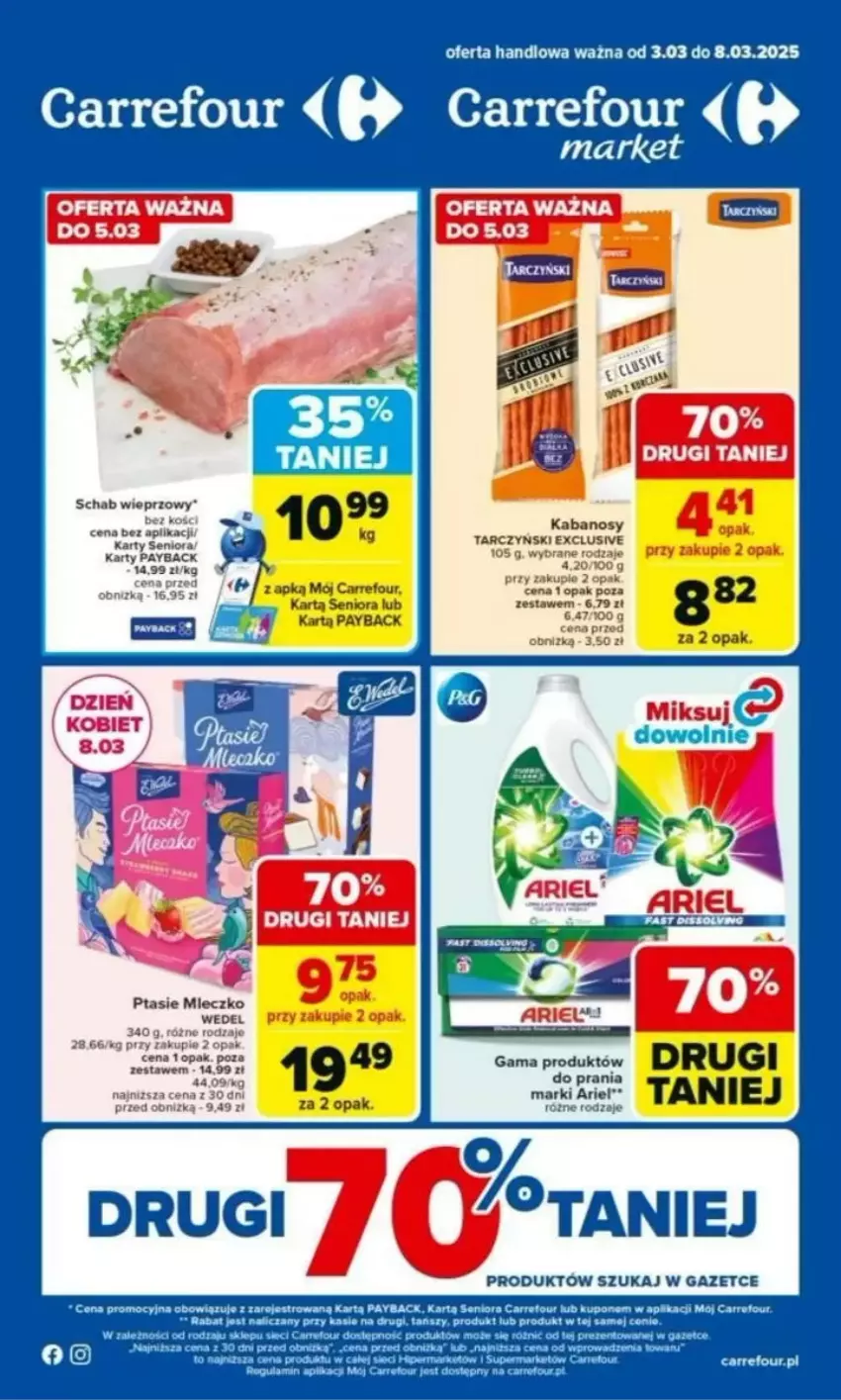 Gazetka promocyjna Carrefour - ważna 03.03 do 08.03.2025 - strona 1 - produkty: Ariel, Kabanos, Miecz, Por, Schab wieprzowy, Tarczyński