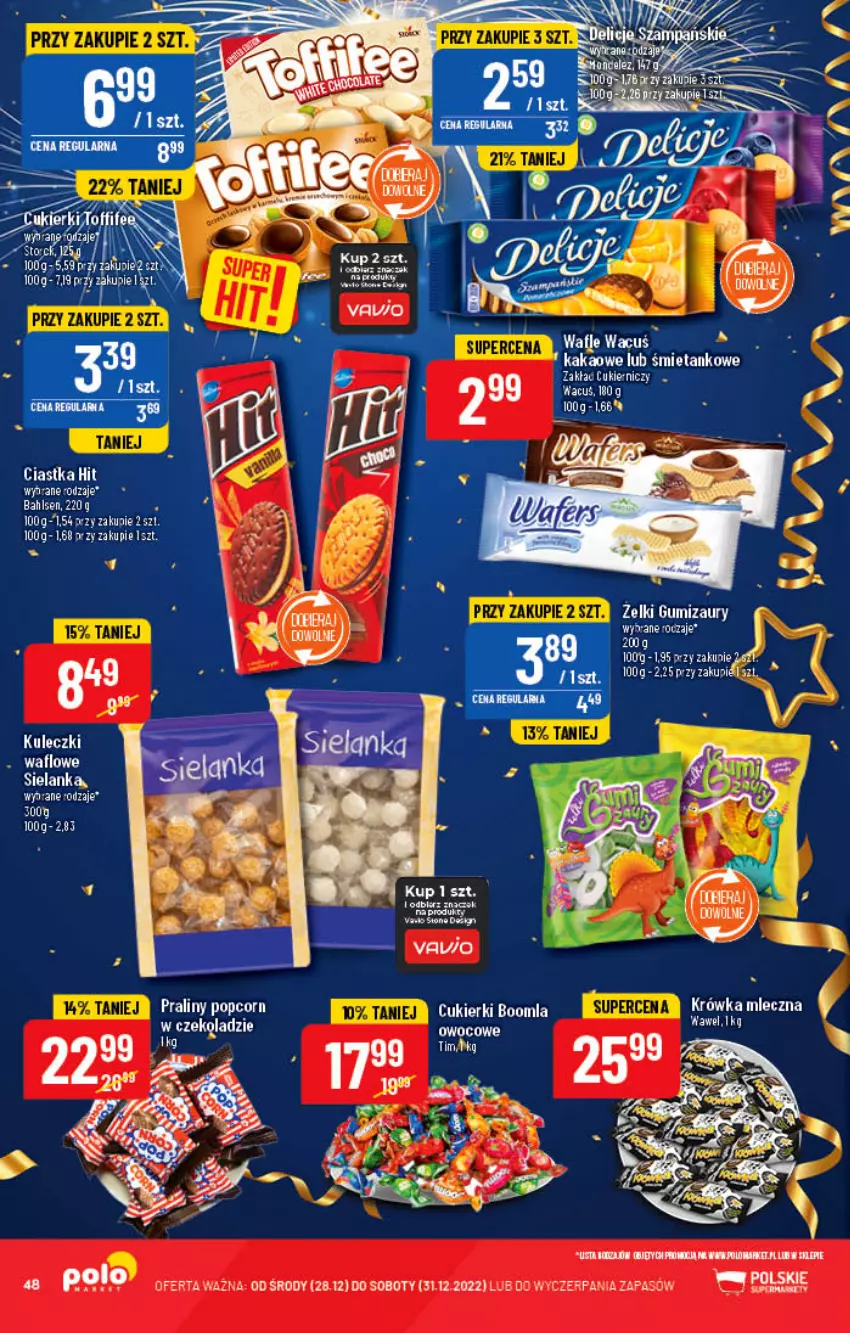 Gazetka promocyjna PoloMarket - Gazetka pomocyjna - ważna 28.12 do 31.12.2022 - strona 48 - produkty: Ciastka, Cukier, Cukierki, Kakao, Popcorn, Praliny, Wafle, Wawel