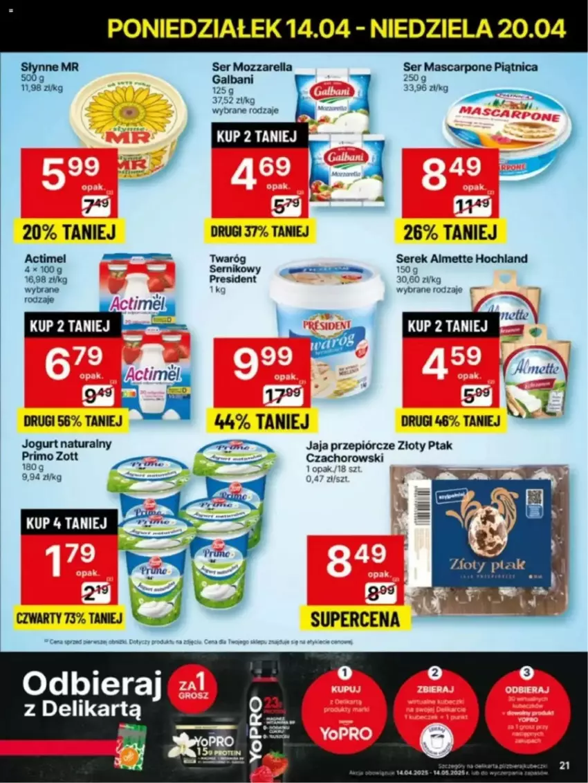 Gazetka promocyjna Delikatesy Centrum - ważna 14.04 do 20.04.2025 - strona 14 - produkty: Actimel, Almette, Galbani, Hochland, Jaja, Jogurt, Jogurt naturalny, Mascarpone, Mozzarella, Piątnica, Ser, Serek, Twaróg, Zott