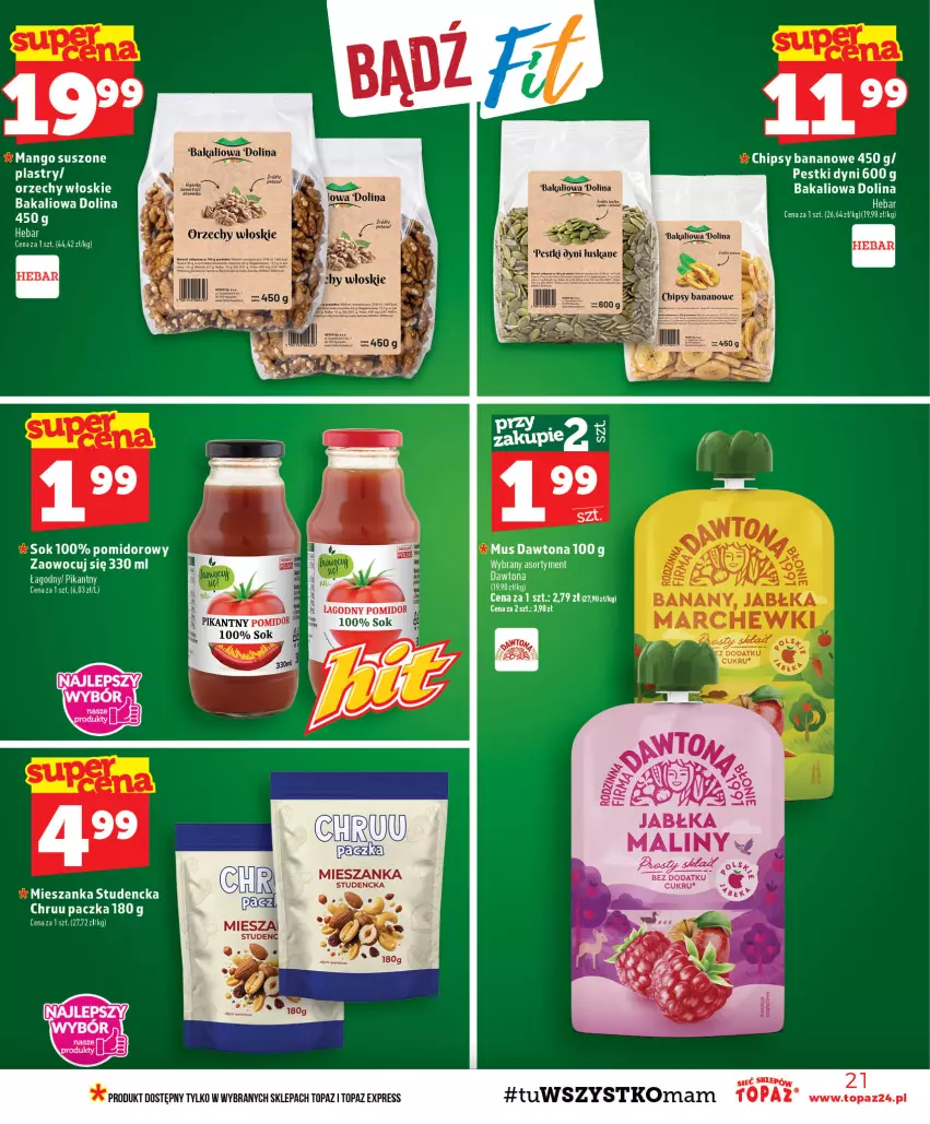 Gazetka promocyjna Topaz - Gazetka - ważna 20.08 do 26.08.2026 - strona 21 - produkty: Chipsy, Dawtona, Gry, Maliny, Mango, Mango suszone, Mieszanka studencka, Mus, Sok, Top
