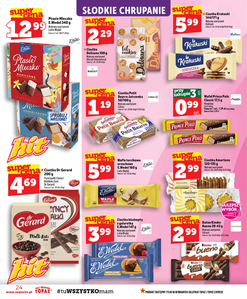 Gazetka promocyjna Topaz - Gazetka - ważna 20.08 do 26.08.2026 - strona 24 - produkty: Baton, Biszkopty, Ciastka, Dr Gerard, Ferrero, Gala, Isana, Jutrzenka, Kinder, Kinder Bueno, Krakus, Krakuski, Mleczko, Prince Polo, Ptasie mleczko, Top, Wafle