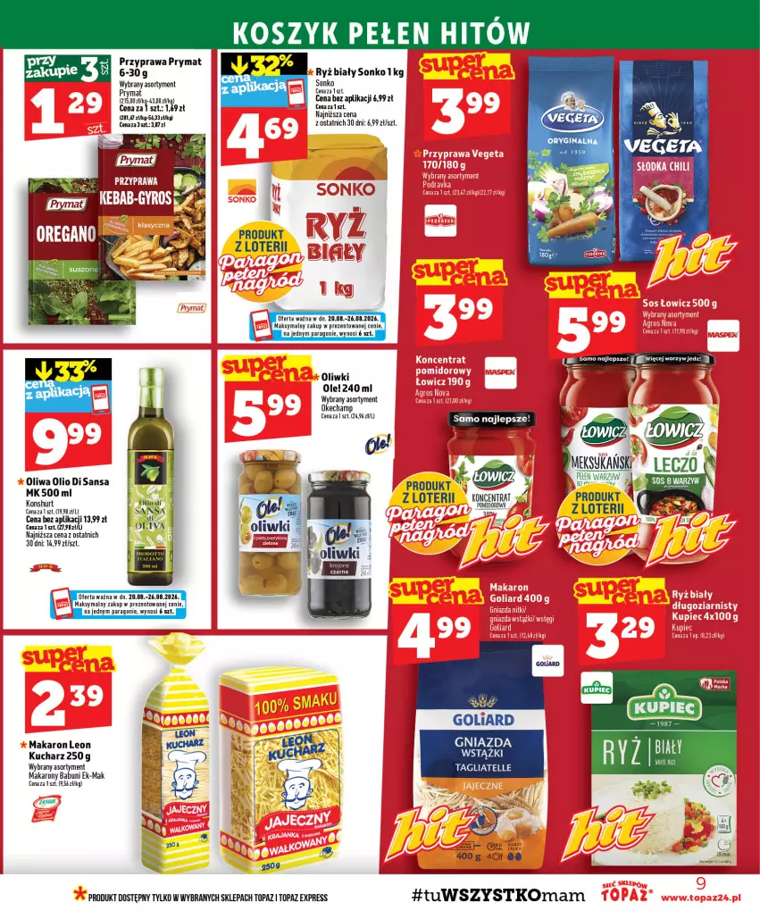 Gazetka promocyjna Topaz - Gazetka - ważna 20.08 do 26.08.2026 - strona 9 - produkty: Babuni, Gin, Goliard, Kosz, Leon, Makaron, Ole!, Oliwa, Oliwki, Tagliatelle, Top