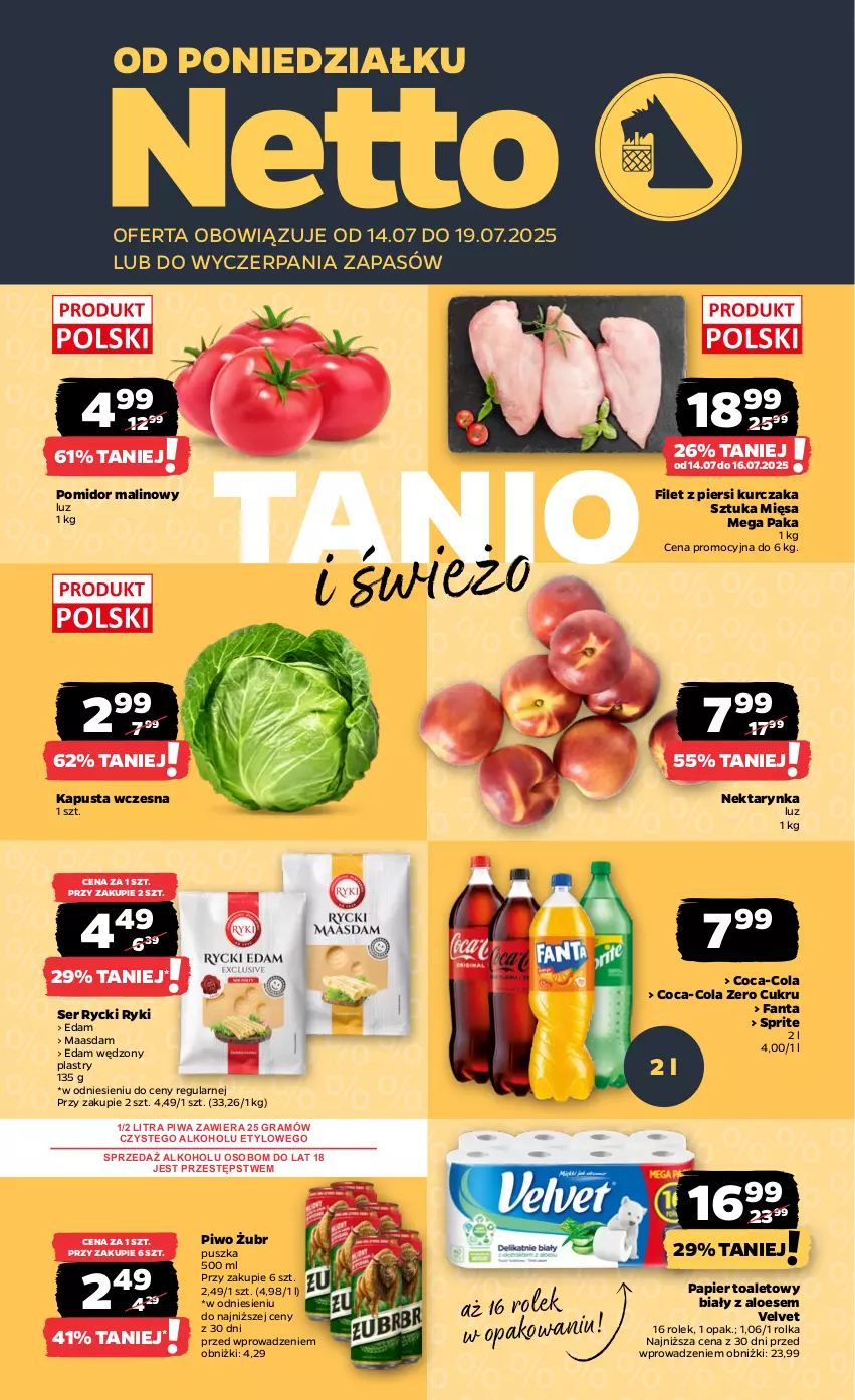 Gazetka promocyjna Netto - Od Poniedziałku - ważna 14.07 do 19.07.2025 - strona 1 - produkty: Coca-Cola, Edam, Fa, Fanta, Filet z piersi kurczaka, Gra, Kurczak, Maasdam, Nektar, Nektarynka, Papier, Papier toaletowy, Piwa, Piwo, Pomidor malinowy, Ser, Sprite, Velvet