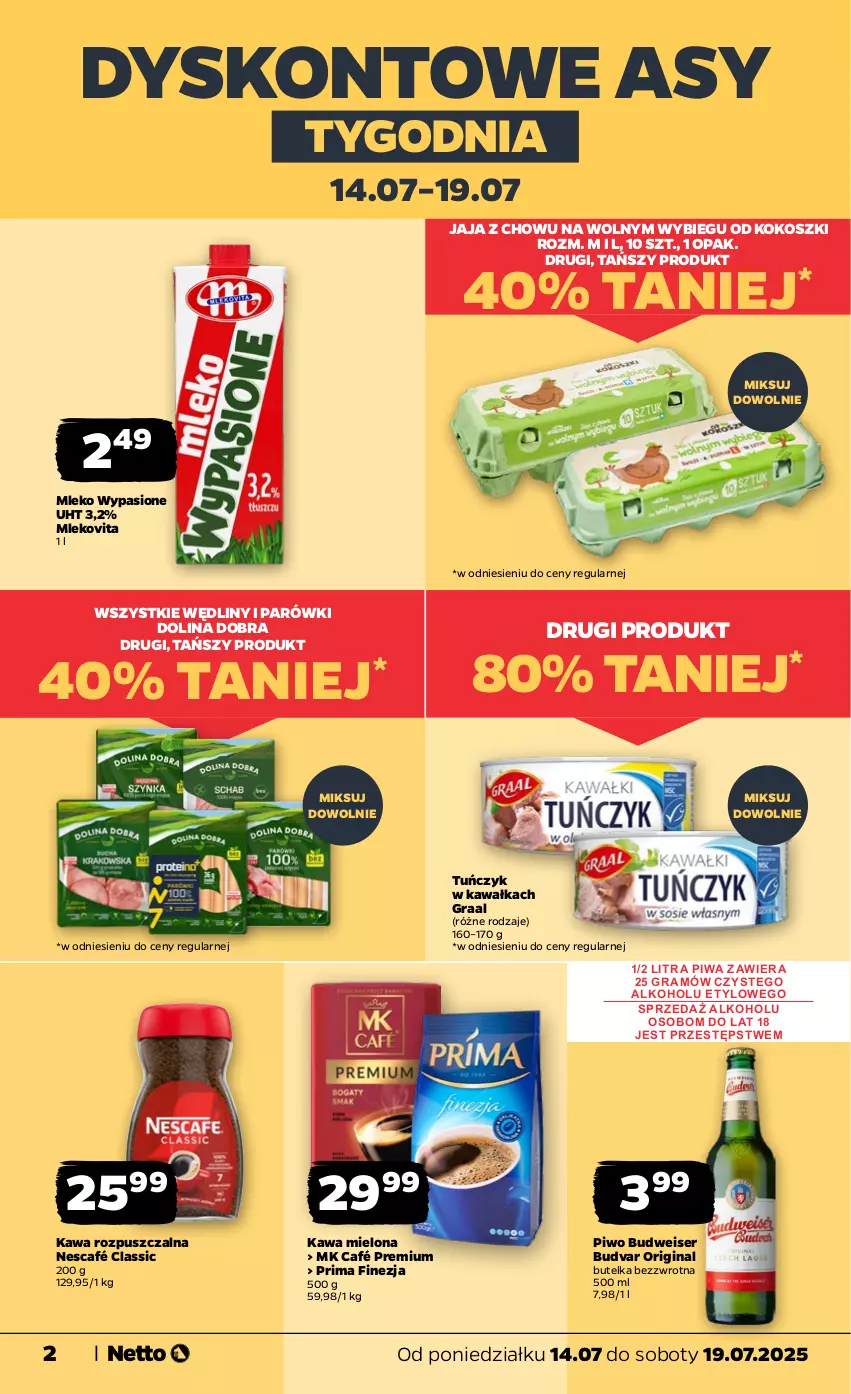 Gazetka promocyjna Netto - Od Poniedziałku - ważna 14.07 do 19.07.2025 - strona 2 - produkty: Gin, Gra, Graal, Jaja, Kawa, Kawa mielona, Kawa rozpuszczalna, Kokos, Kosz, Mleko, Mlekovita, Nescafé, Parówki, Piwa, Piwo, Prima, Ser, Tuńczyk
