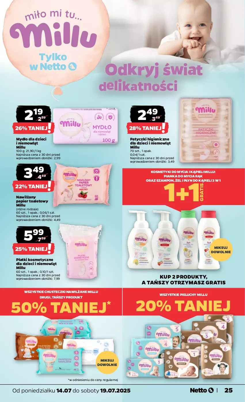 Gazetka promocyjna Netto - Od Poniedziałku - ważna 14.07 do 19.07.2025 - strona 25 - produkty: Chusteczki, Dzieci, Gra, Mydło, Nawilżany papier, Papier, Papier toaletowy, Pieluchy, Płatki kosmetyczne, Płyn do kąpieli, Szampon