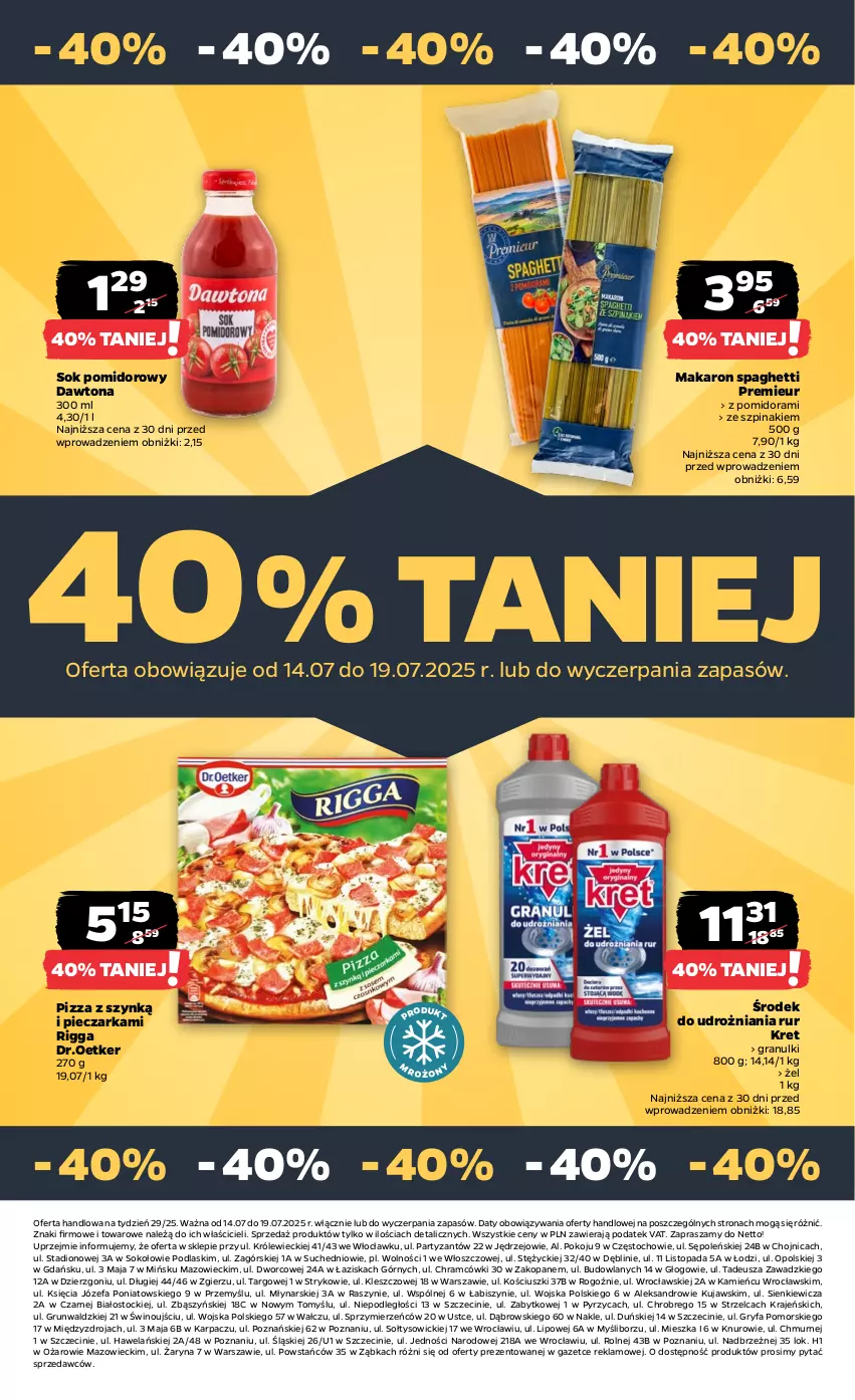 Gazetka promocyjna Netto - Od Poniedziałku - ważna 14.07 do 19.07.2025 - strona 27 - produkty: Dawtona, Fa, Gra, Gry, Karp, Kret, Kujawski, Makaron, Piec, Pieczarka, Pizza, Podlaski, Sok, Sok pomidorowy, Spaghetti, Stock, Szpinak, Top, Wino