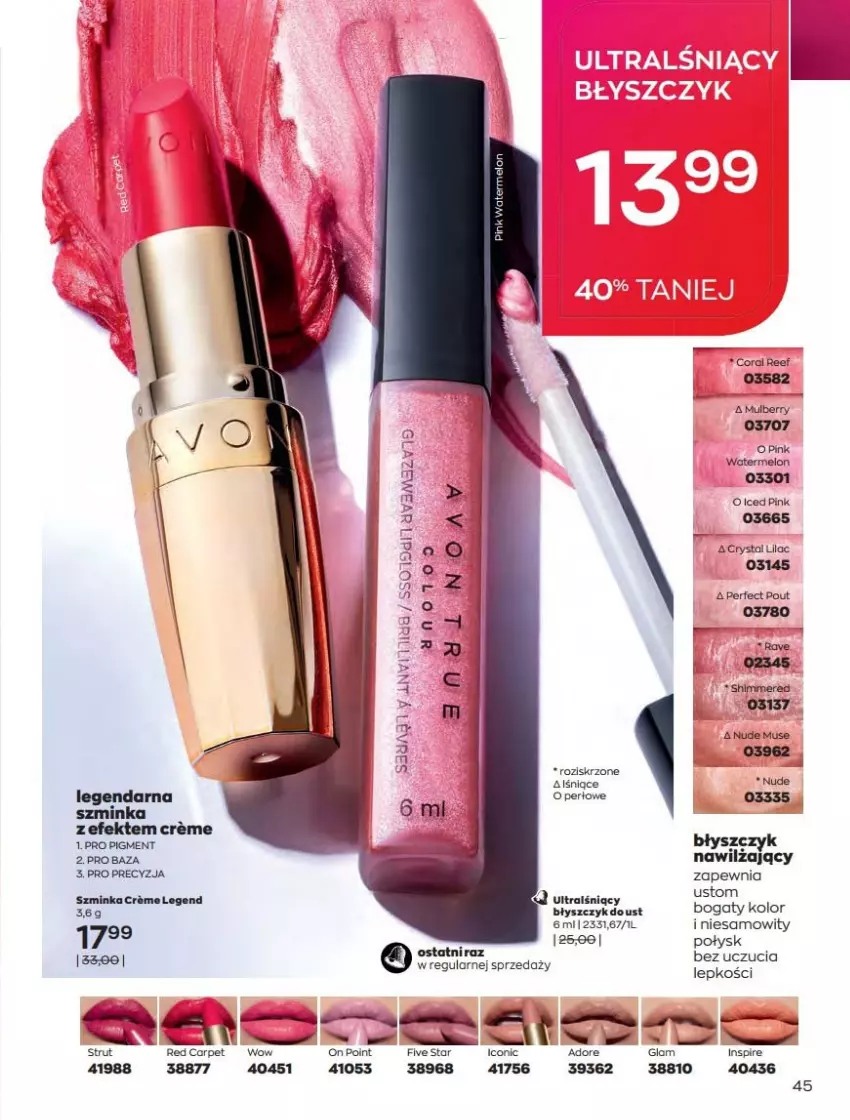 Gazetka promocyjna Avon - Katalog Avon 2/2022 kampania luty - ważna 01.02 do 28.02.2022 - strona 45 - produkty: Błyszczyk do ust, Inka, Melon, Mus, Ser, Szminka