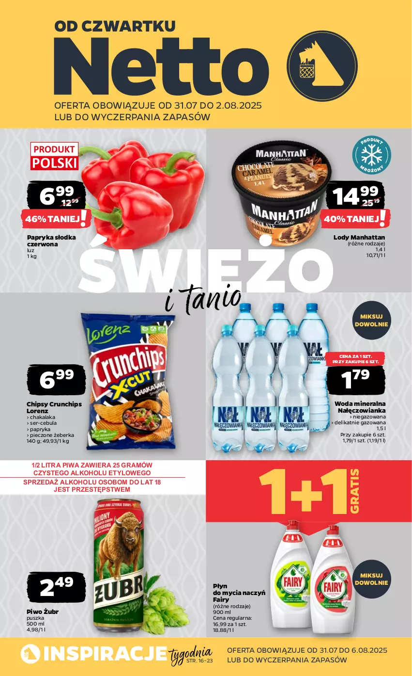 Gazetka promocyjna Netto - Od Czwartku - ważna 31.07 do 02.08.2025 - strona 1 - produkty: Cebula, Chipsy, Crunchips, Do mycia naczyń, Fa, Fairy, Gra, Lody, Lorenz, Nałęczowianka, Papryka, Papryka słodka, Piec, Piwa, Piwo, Płyn do mycia, Płyn do mycia naczyń, Ser, Woda, Woda mineralna
