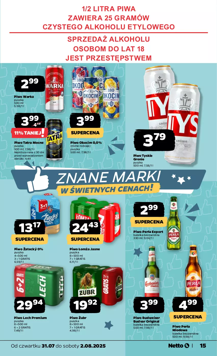 Gazetka promocyjna Netto - Od Czwartku - ważna 31.07 do 02.08.2025 - strona 15 - produkty: Gin, Gra, Koc, Lech Premium, Okocim, Perła, Piwa, Piwo, Por, Ser, Tatra, Tyskie, Warka