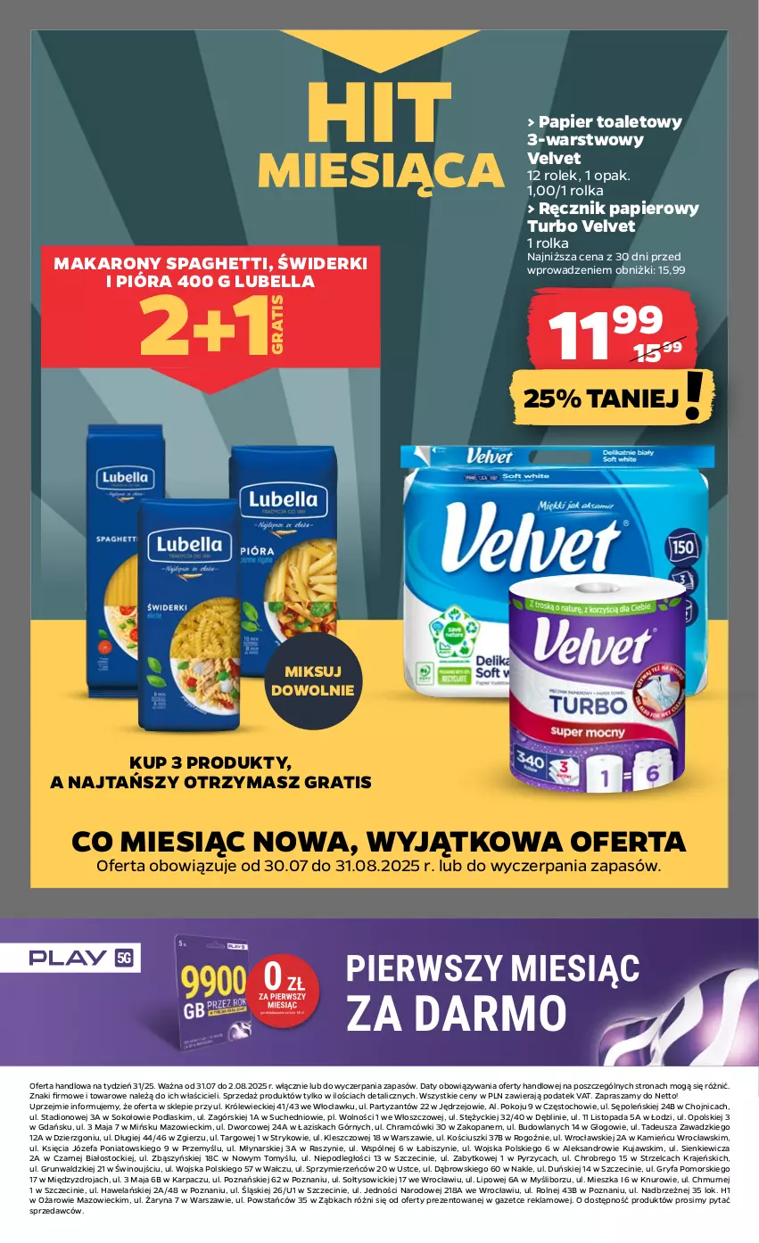 Gazetka promocyjna Netto - Od Czwartku - ważna 31.07 do 02.08.2025 - strona 18 - produkty: Bell, Bella, Fa, Gra, Gry, Karp, Kujawski, Lubella, Makaron, Papier, Papier toaletowy, Podlaski, Ręcznik, Sok, Spaghetti, Stock, Top, Velvet, Wino