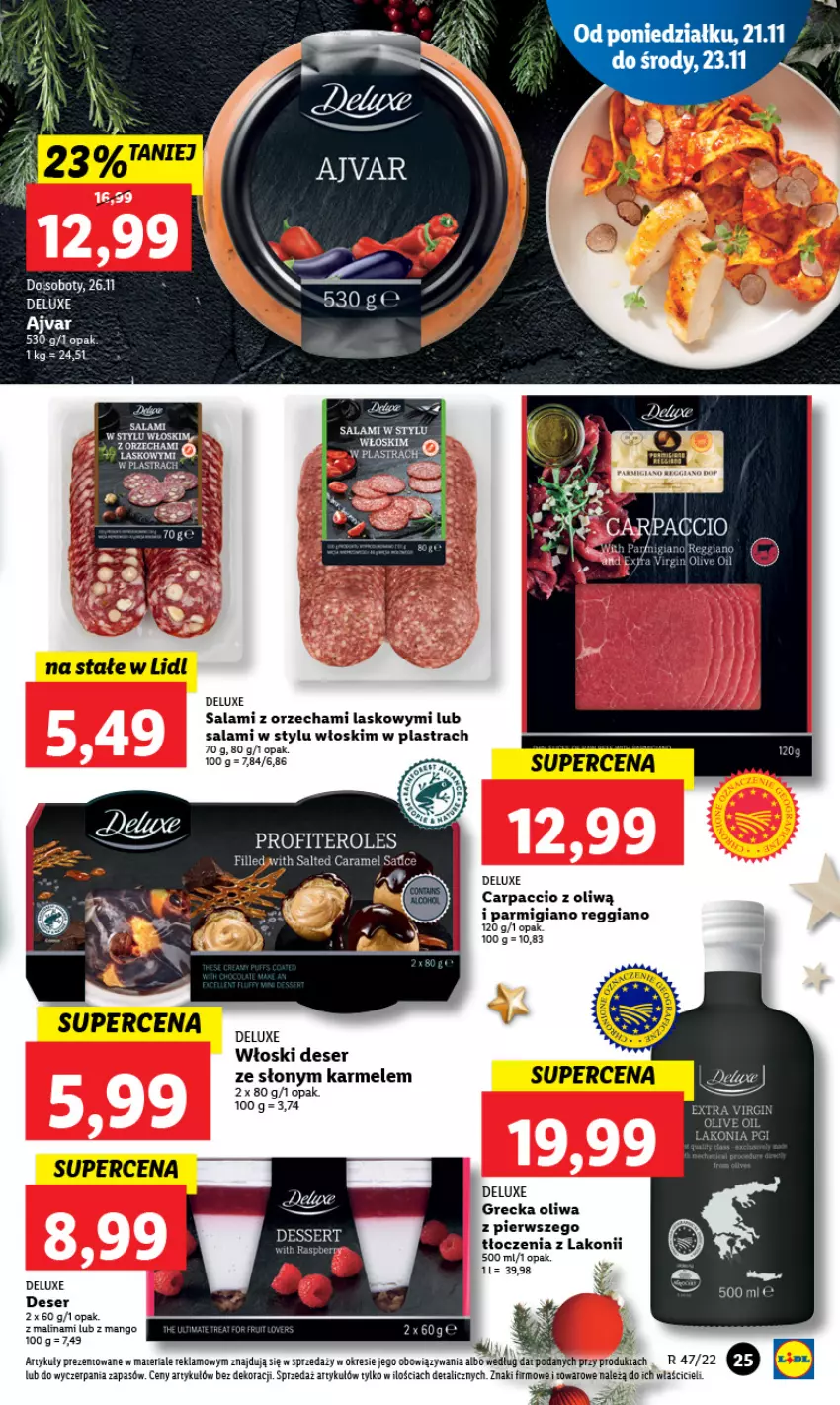 Gazetka promocyjna Lidl - GAZETKA - ważna 21.11 do 23.11.2022 - strona 29 - produkty: Carpaccio, Deser, Gin, Oliwa, Salami, Ser