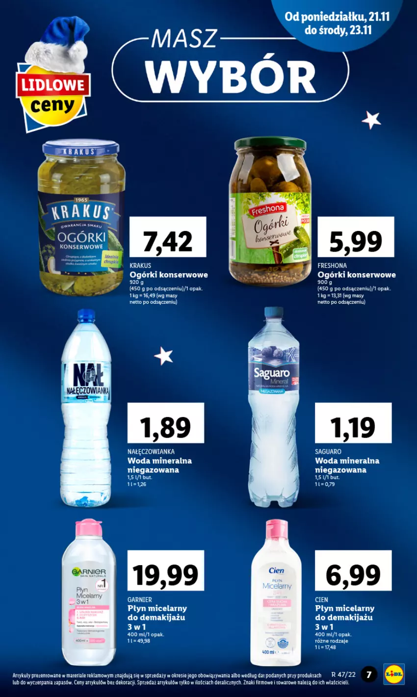 Gazetka promocyjna Lidl - GAZETKA - ważna 21.11 do 23.11.2022 - strona 7 - produkty: Garnier, Krakus, Makijaż, Nałęczowianka, Ogórki konserwowe, Płyn micelarny, Ser, Woda, Woda mineralna