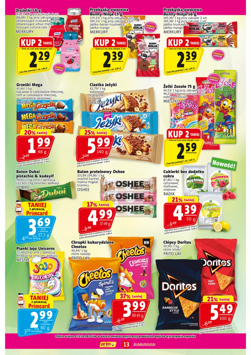 Gazetka promocyjna Prim Market - ważna 09.10 do 15.10.2025 - strona 13 - produkty: Arbuz, Baton, Cheetos, Chipsy, Chrupki, Ciastka, Cukier, Cukierki, Grześki, Jeżyki, Kakao, Kokos, Mango, Mięta, Mus, Oshee