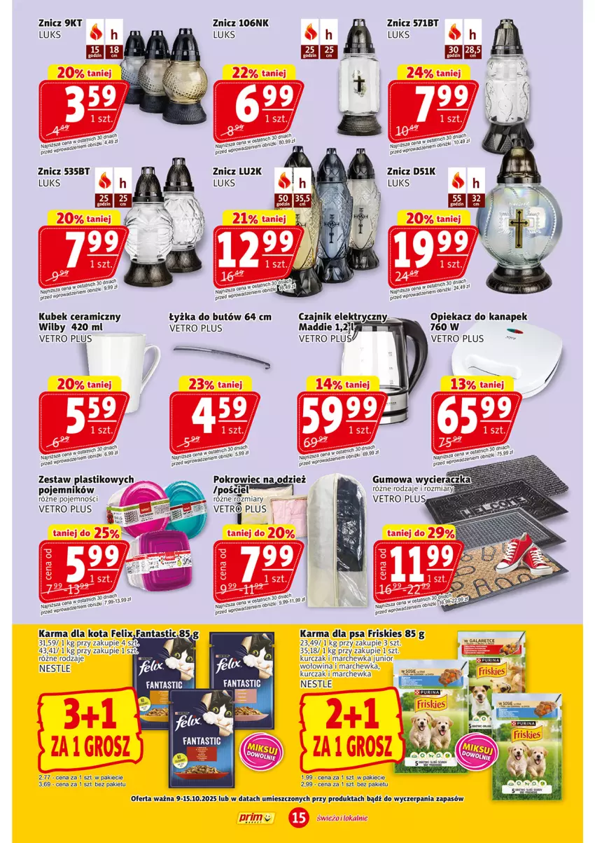 Gazetka promocyjna Prim Market - ważna 09.10 do 15.10.2025 - strona 15 - produkty: Czajnik, Czajnik elektryczny, Fa, Fanta, Felix, Friskies, Gala, Kubek, Kurczak, Marchewka, Opiekacz do kanapek, Pojemnik, Pokrowiec, Wołowina, Wycieraczka, Znicz
