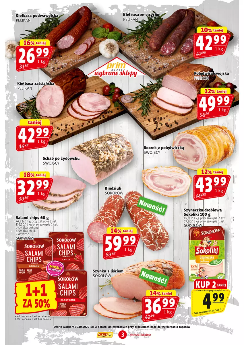Gazetka promocyjna Prim Market - ważna 09.10 do 15.10.2025 - strona 3 - produkty: Beko, Boczek, Kiełbasa, Kiełbasa podwawelska, Kindziuk, Salami, Sok, Sokołów, Szynka, Wawel