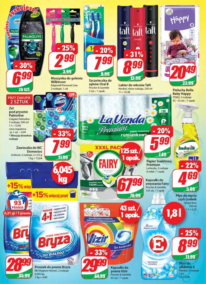 Gazetka promocyjna Dino - Gazetka - ważna 24.11 do 30.11.2021 - strona 23 - produkty: Bell, Bella, Bryza, Colgate, Domestos, Fa, Fairy, Lakier, Lakier do włosów, LG, Ludwik, Maszynka, Maszynka do golenia, Palmolive, Papier, Papier toaletowy, Pieluchy, Płyn do mycia, Proszek do prania, Szczoteczka, Szynka, Taft, Vizir, Zawieszka do wc