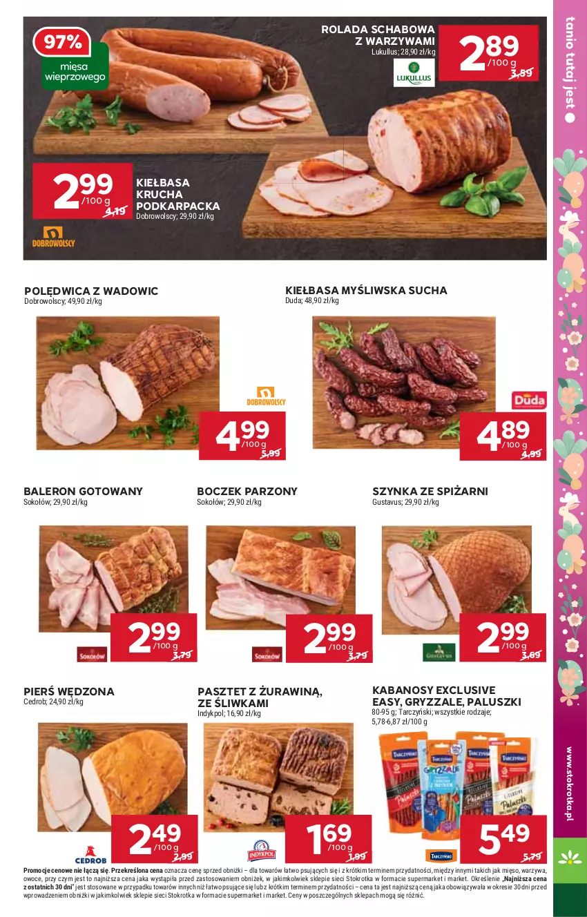 Gazetka promocyjna Stokrotka - Supermarket - ważna 16.04 do 22.04.2025 - strona 15 - produkty: Boczek, Duda, Gry, Kabanos, Karp, Kiełbasa, Kiełbasa krucha, Mięso, Owoce, Pasztet, Polędwica, Rolada, Sok, Sokołów, Szynka, Tarczyński, Warzywa