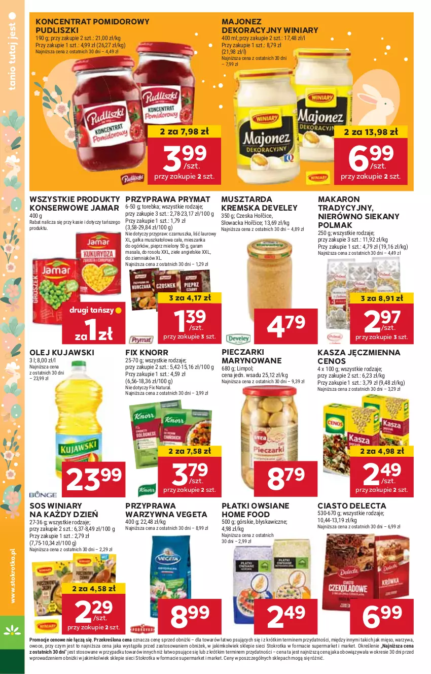 Gazetka promocyjna Stokrotka - Supermarket - ważna 16.04 do 22.04.2025 - strona 34 - produkty: Cenos, Delecta, Gałka, Kasza, Kasza jęczmienna, Knorr, Koncentrat pomidorowy, Kujawski, Laur, Majonez, Makaron, Mięso, Mus, Musztarda, Olej, Olma, Owoce, Piec, Pieprz, Płatki owsiane, Prymat, Pudliszki, Ser, Sos, Torebka, Vegeta, Warzywa, Winiary, Ziele angielskie