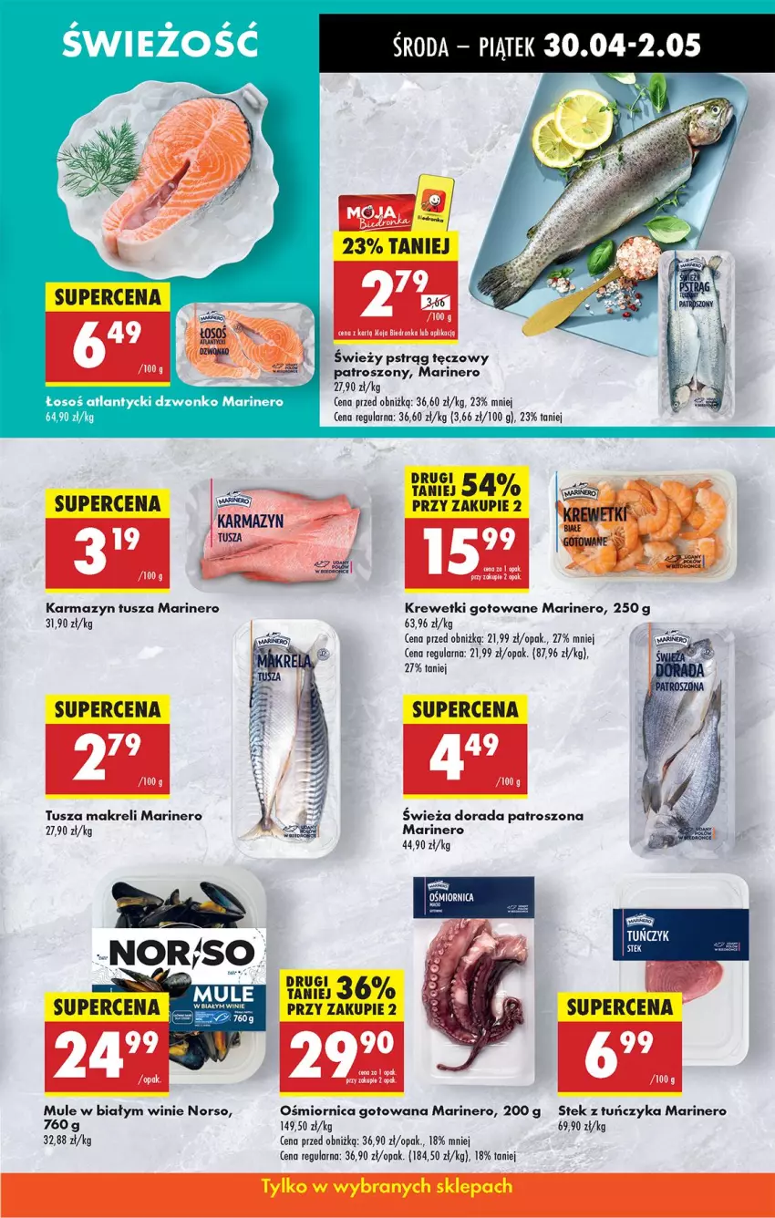 Gazetka promocyjna Biedronka - Od Środy - ważna 30.04 do 01.05.2025 - strona 35 - produkty: Karmazyn tusza, Krewetki, Mule, Pstrąg, Pstrąg tęczowy, Stek, Tuńczyk, Tusz