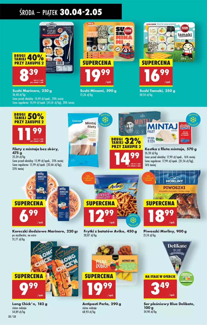 Gazetka promocyjna Biedronka - Od Środy - ważna 30.04 do 01.05.2025 - strona 38 - produkty: Frytki, Frytki z batatów, Koreczki śledziowe, Kurczak, Mintaj, Morliny, Piwo, Ser, Ser pleśniowy, Skrzydełka z kurczaka