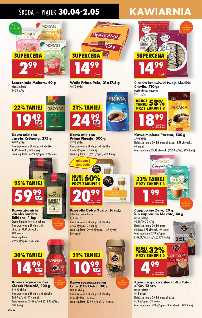 Gazetka promocyjna Biedronka - Od Środy - ważna 30.04 do 01.05.2025 - strona 46 - produkty: Cappuccino, Chia, Ciastka, Dolce Gusto, Jacobs, Kawa, Kawa mielona, Kawa rozpuszczalna, Kawa ziarnista, Lemoniada, Prima, Prince Polo, Wafle