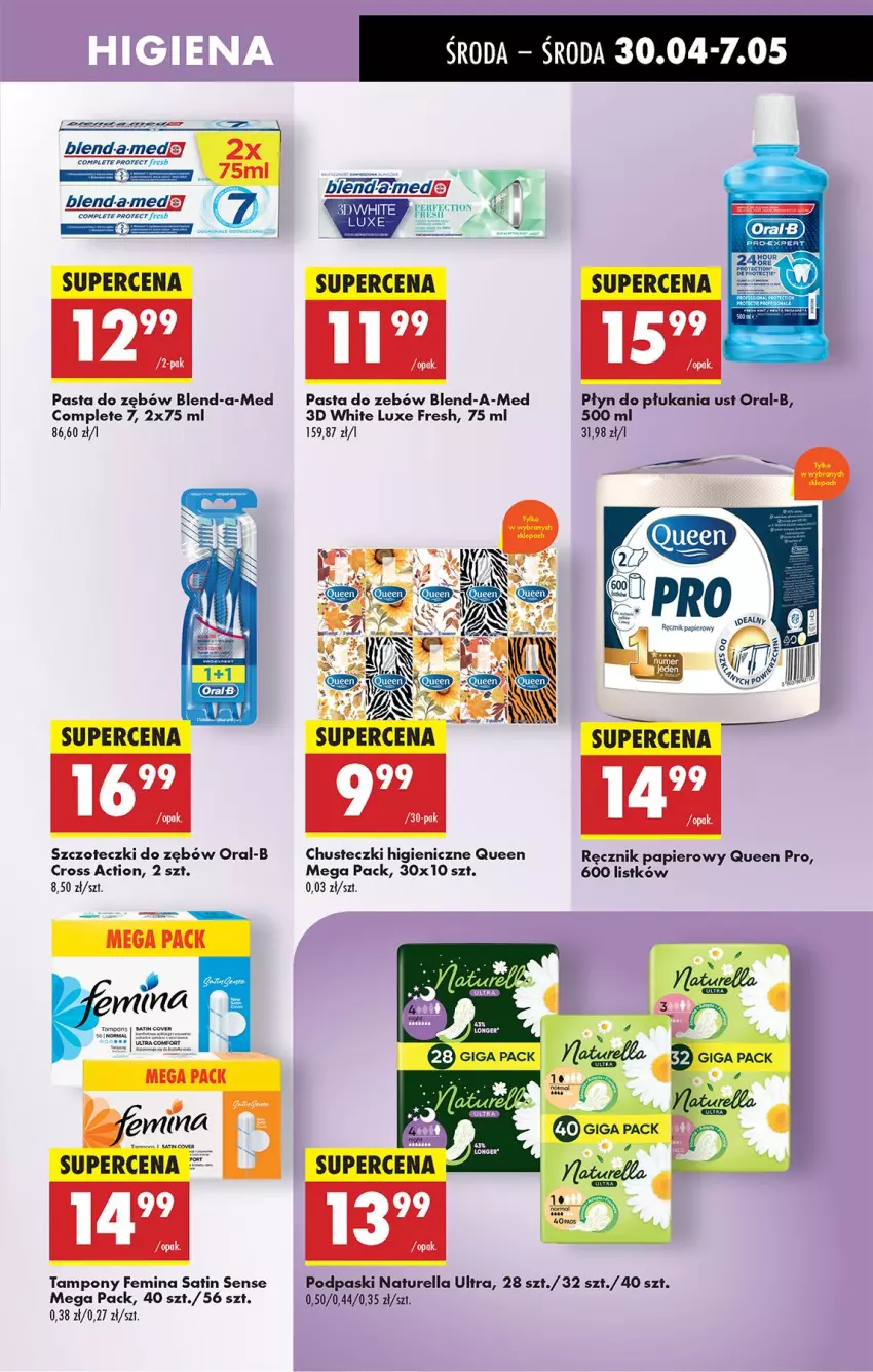 Gazetka promocyjna Biedronka - Od Środy - ważna 30.04 do 01.05.2025 - strona 55 - produkty: AEG, Blend-a-Med, Chusteczki, Naturell, Naturella, Papier, Pasta do zębów, Płyn do płukania, Podpaski, Ręcznik, Sati, Tampony