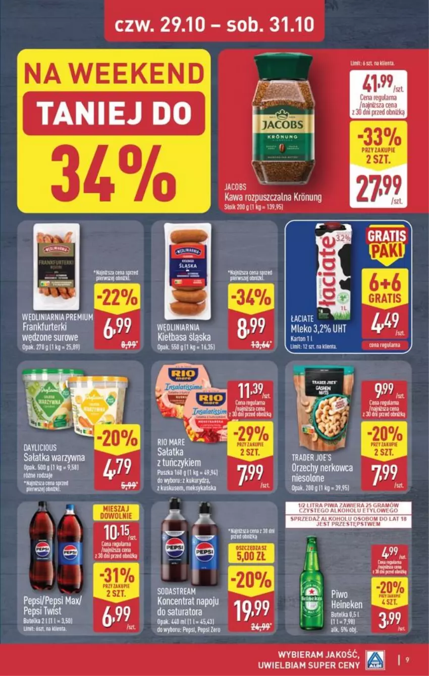 Gazetka promocyjna Aldi - Oferta weekendowa - ważna 29.10 do 31.10.2026 - strona 9 - produkty: Frankfurterki, Gra, Kawa, Kawa rozpuszczalna, Kiełbasa, Mleko, Pepsi, Piwa, Rosie, Sałat, Sałatka, Sałatka warzywna