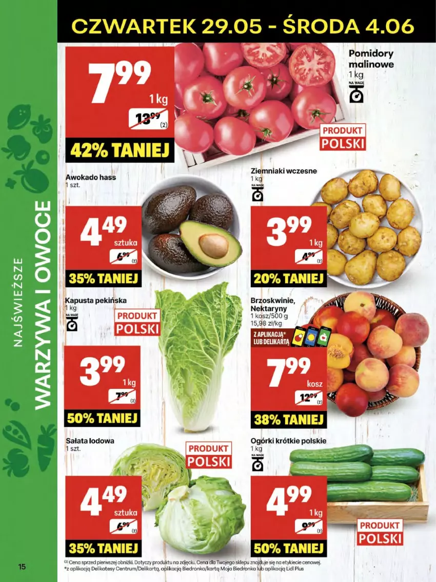 Gazetka promocyjna Delikatesy Centrum - Franczyza DC22 Czwartek - ważna 29.05 do 04.06.2025 - strona 15 - produkty: Brzoskwinie, Kosz, Nektar, O nas, Owoce, Pomidory, Rum, Sałat, Sałata lodowa, Warzywa, Warzywa i owoce, Ziemniaki