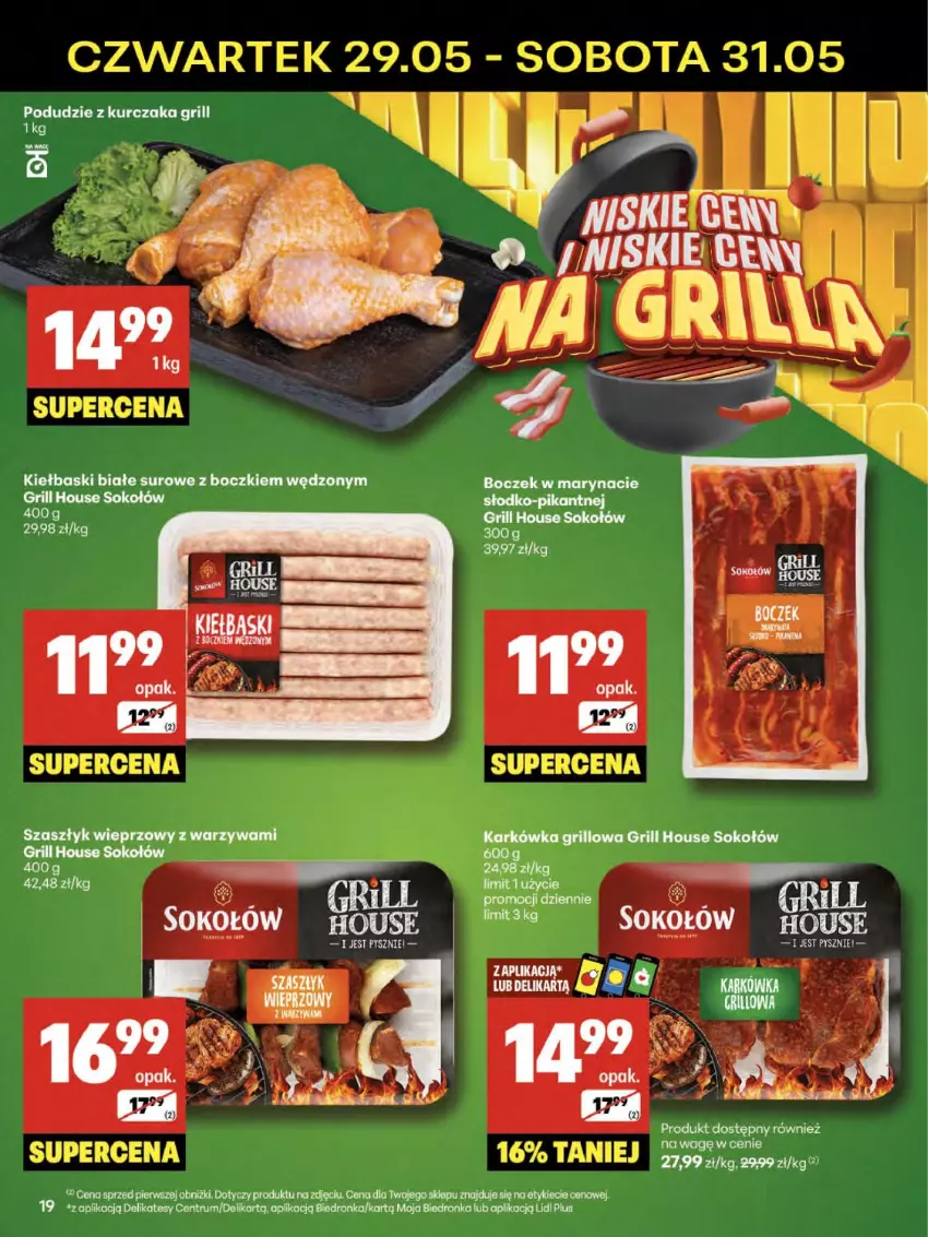Gazetka promocyjna Delikatesy Centrum - Franczyza DC22 Czwartek - ważna 29.05 do 04.06.2025 - strona 19 - produkty: Boczek, Grill, Kiełbaski białe, Kurczak, Podudzie z kurczaka, Sok, Sokołów, Warzywa