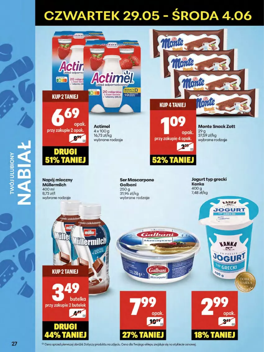 Gazetka promocyjna Delikatesy Centrum - Franczyza DC22 Czwartek - ważna 29.05 do 04.06.2025 - strona 27 - produkty: Actimel, Galbani, Jogurt, Mascarpone, Monte, Napój, Napój mleczny, Por, Ser, Zott