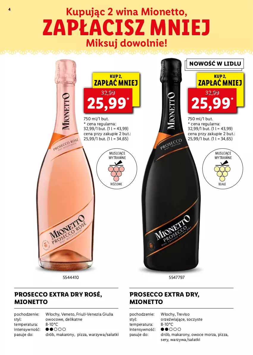 Gazetka promocyjna Lidl - KATALOG ALKOHOLI MOCNYCH I WIN - ważna 21.03 do 17.04.2022 - strona 4 - produkty: Drób, Makaron, Mionetto, Mus, Owoce, Owoce morza, Pizza, Prosecco, Sałat, Ser, Warzywa