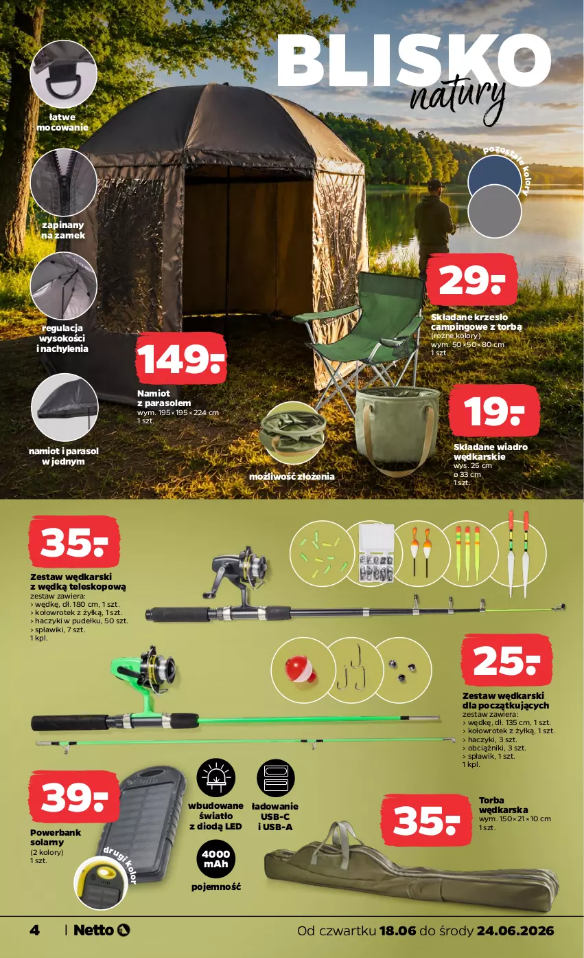 Gazetka promocyjna Netto - Od Czwartku - ważna 18.06 do 24.06.2026 - strona 4 - produkty: Haczyk, Krzesło, Namiot, Parasol, Powerbank, Sok, Teleskop, Torba, Wiadro