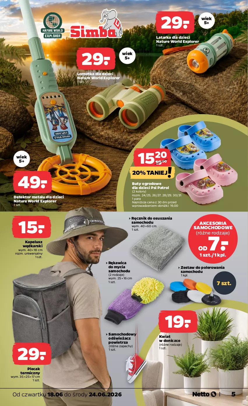 Gazetka promocyjna Netto - Od Czwartku - ważna 18.06 do 24.06.2026 - strona 5 - produkty: Buty, Buty ogrodowe, Dzieci, Latarka, Lornetka, Odświeżacz powietrza, Plecak, Psi Patrol, Tarka